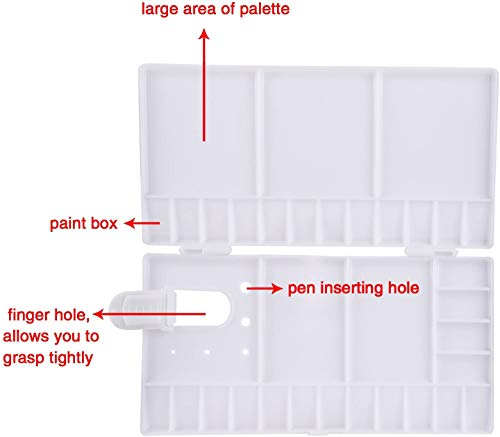 SUNIY Watercolor Palette Folding Paint Tray Plastic Painting Pallet with 33 Compartments, Thumbhole and Brush Holders, White