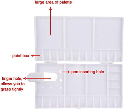 SUNIY Watercolor Palette Folding Paint Tray Plastic Painting Pallet with 33 Compartments, Thumbhole and Brush Holders, White