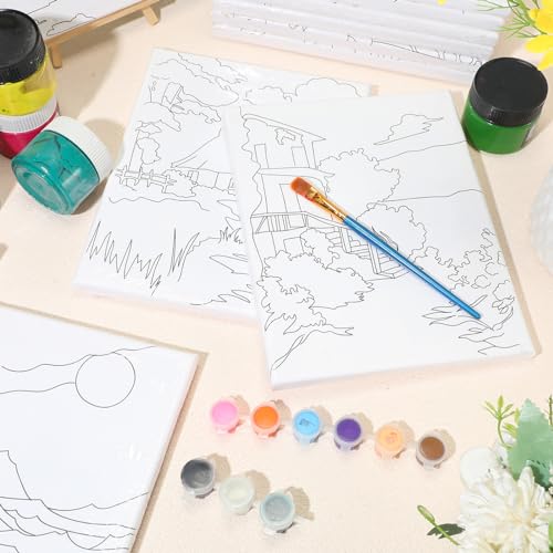 Zhanmai 72 Pcs 12 Sets Sip and Paint Kit Pre Drawn Canvas for Painting 8" x 10" Paint Party Canvas Painting Pre Printed Canvases for Party Favor DIY Virtual Adult's Date Night(Natural Scenery) - style: Natural Scenery