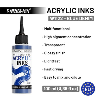 KAMENSKAYA Acrylic Inks for Artists - Blue Denim Acrylic Ink, 3.38 Fl Oz (100 ml) - color: Blue Denim