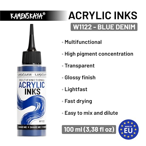 KAMENSKAYA Acrylic Inks for Artists - Blue Denim Acrylic Ink, 3.38 Fl Oz (100 ml) - color: Blue Denim