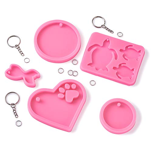 Craftdady 5pcs Key Chain Pendant Silicone Molds Flat Round Turtle Heart Mermaid Fishtail Resin Casting Molds with Key Rings Jump Rings for Keychain Jewelry Craft Making - color: Pink,Keychain,5pcs