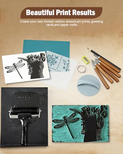 UCEC Linocut Kit for Printmaking - 38 Pcs Stamp Making Kit with 12 Wood Handle Carving Tools, A5 Linoleum Blocks, Brayer Roller & Baren - Complete Block Printing Starter Set for Adults & Beginners - color: Block Printing Kit-38 Pack