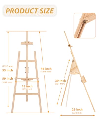 Foldable & Adjustable Art Easel Stand, Wooden Easel Art Easel for Painting Adult Artist Easel Stand for Painting Easle Floor Standing,Wood Easel Stand for Display Canvas Home Studio Classroom,Natural - style: Natural