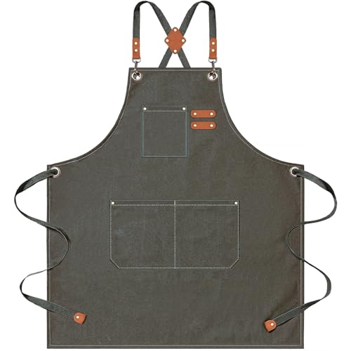 AFUN Aprons for Men Women with Large Pockets, 16-Ounce Cotton Canvas Cross Back Apron - color: Grey Green