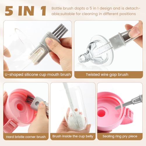 4 Pack Bottle Washer Set,5-in-1 Water Bottle Cleaner Brush,13.5“ Travel Bottle Brush Cleaner,11“ 7“ Straw Cleaner Brush for Stanley,Removable Nipple Brush,Detail Brush for Cup Lid Gap
