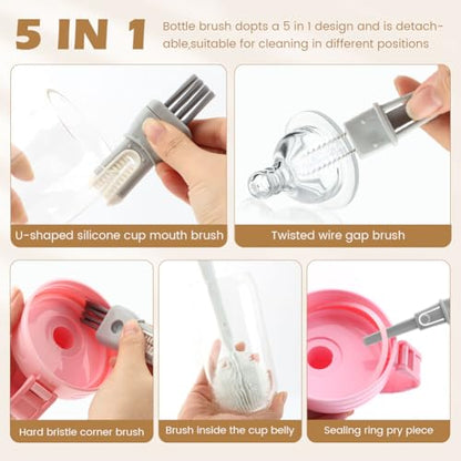 4 Pack Bottle Washer Set,5-in-1 Water Bottle Cleaner Brush,13.5“ Travel Bottle Brush Cleaner,11“ 7“ Straw Cleaner Brush for Stanley,Removable Nipple Brush,Detail Brush for Cup Lid Gap