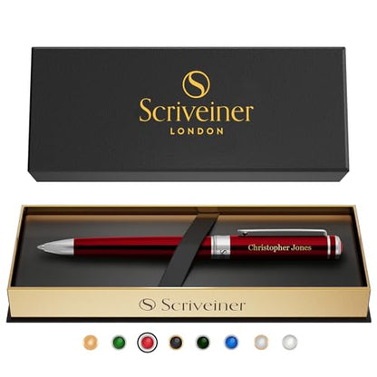 Scriveiner Personalized Deep Crimson Red Ballpoint Pen - Stunning Red Lacquer Luxury Pen with Chrome Finish, Schmidt Ink Refill, Engraved Ball Point Gift Set for Men & Women, Custom Engraving - color: 9. Crimson Red with Chrome (Personalized)