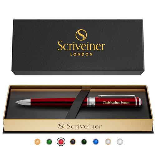 Scriveiner Personalized Deep Crimson Red Ballpoint Pen - Stunning Red Lacquer Luxury Pen with Chrome Finish, Schmidt Ink Refill, Engraved Ball Point Gift Set for Men & Women, Custom Engraving - color: 9. Crimson Red with Chrome (Personalized)