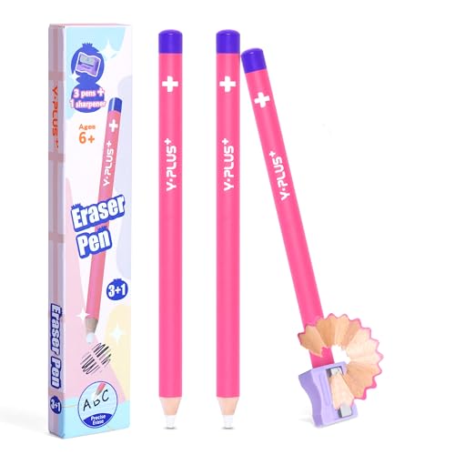 YPLUS Detail Eraser Pencils, Fine Detail Eraser with Sharpener, Perfect for Sketching, Charcoal Drawings, Pencils Erasing & Geometry Corrections, Pink (3-Pack) - color: Pink