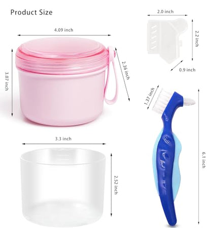 Denture Case with Denture Brush, Waterproof Denture Bath with Portable Denture Brush Holder,Partial Denture Case with Basket denture cups for soaking dentures (pink) - color: pink