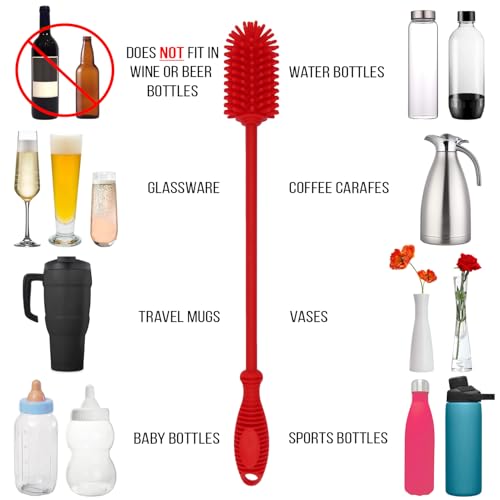 Kitchiny Silicone Bottle Brush with 2 Straw Cleaners - 12.5” Water Bottle Cleaner Brush for Yeti, Hydro Flask, Owala, Stanley, Baby Bottles, Glassware, Vases & Narrow Neck Containers - Red - color: Red