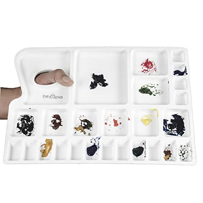 ZAHEPA Paint Tray, Large Paint Palette Tray with Thumb Hole, Plastic Paint Tray Palette with 16 Color Compartments, 8 Mixing & 2 Water Storage Areas, Watercolor Mixing Tray, Art Palette for Artists - style: Rectangle - 16 Compartments