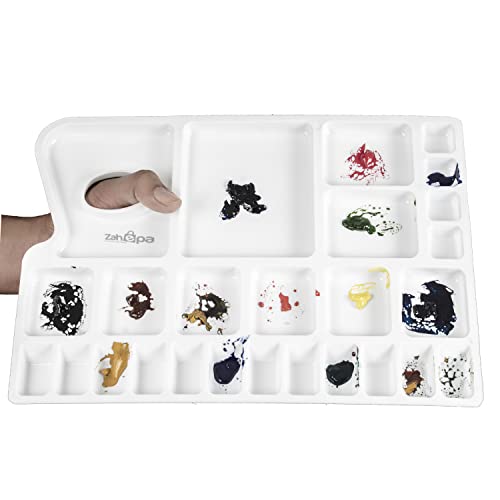ZAHEPA Paint Tray, Large Paint Palette Tray with Thumb Hole, Plastic Paint Tray Palette with 16 Color Compartments, 8 Mixing & 2 Water Storage Areas, Watercolor Mixing Tray, Art Palette for Artists - style: Rectangle - 16 Compartments