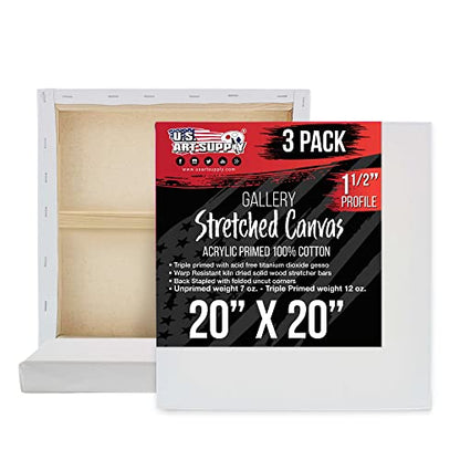 U.S. Art Supply Large Stretched Canvas for Painting 20x20 inch Gallery Depth 1-1/2" Thick, 3-Pack - 12oz Acrylic Gesso Triple Primed, Professional Artist Quality, 100% Cotton - Oil, Pouring Paint - size: 20" x 20"
