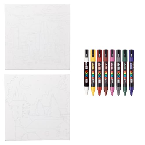 POSCA Canvas Paint by Number Kit, Night City Skies - 8 Acrylic Markers with 2 Pre-Drawn Canvases - Gift Set for Artists, Adults and Kids - color: Night City Skies