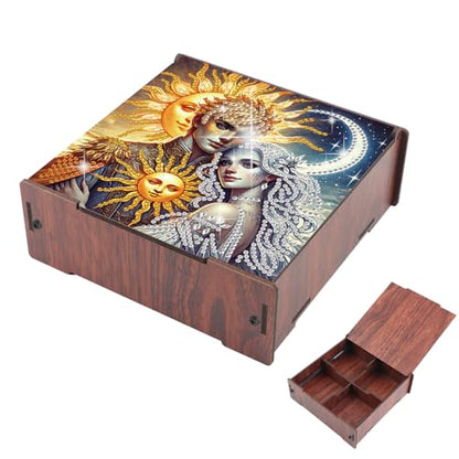 DIY Diamond Art Storage Box, Sun & Moon Deity Design Wooden Diamond Painting Case with Flip-Top Lid and 4 Divided Compartments, Desktop Craft, Jewelry and Accessories Supplies Storage Container - color: Sun & Moon