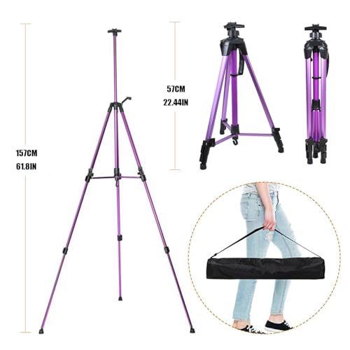 Easel for Painting, Portable & Foldable Easels Stand, Height-Adjustable 22'' to 62'', Equipped with Tray, Water Bucket Hook, Spirit Level, Compass & Carrying Bag for Art Display,Travel - Purple - style: Purple