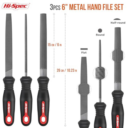 Hi-Spec 3pc Metal Hand File Tool Set Kit. Large Steel Files. Flat, Round & Half-Round for Crafts, Metal & Wood Work - size: 3 pieces