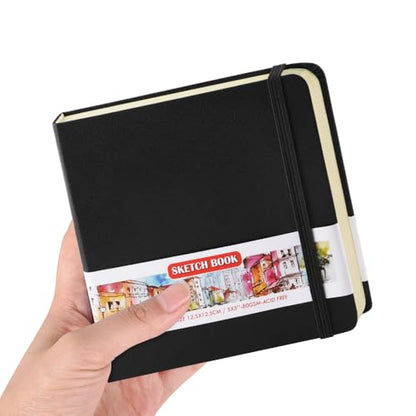 Square 5x5 inches 80gsm 96sheets/192 Pages Notebooks Blank Sketchbooks Travel Journal Pocket Hardcover Paint Writing Diary Memo Planner PU Leather Cover. Black - color: PU Cover-5x5in-Black