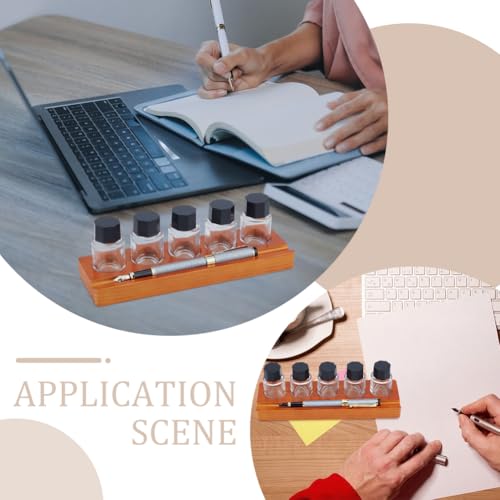 BENECREAT 5-Hole Calligraphy Ink Pot Holder Set, Wood Bottle Organizer Stands & 5Pcs Glass Fountain Pen Ink Bottle（15ml/ 0.5oz Decorative Desk Organizer for Office and Home Writing