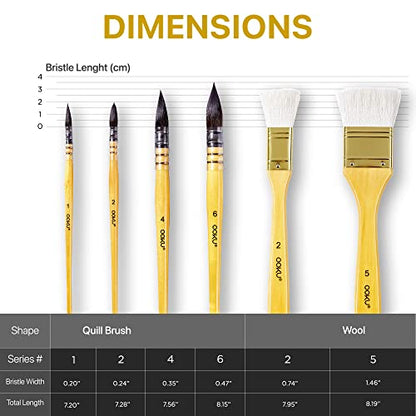 OOKU Professional Quill Brushes Watercolor Set - 6 Pc Real Squirrel Hair Blend Brushes for Consistent Flow - Short Handle Round Paint Brush for Artists, Painting, and Gouache