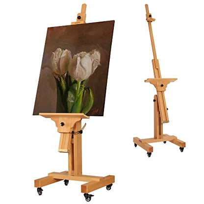 VISWIN Studio Heavy-Duty Easel, Holds Canvas Up to 71", Tilts Flat & Movable, Adjustable Solid Beech Wood Large Easel Stand for Painting, TV & Display, Floor Art Easel for Adults, Artists - Natural - color: Natural