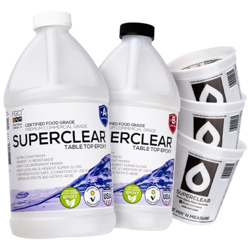 Superclear Table Top Epoxy Resin 1 Gallon Cup Kit, Crystal Clear 1:1 Coat | Self-leveling coating for bar tops, countertops, tumblers & wood. Anti-yellowing, UV resistant, food-safe, Made in USA - size: 1 Gallon Cup Kit
