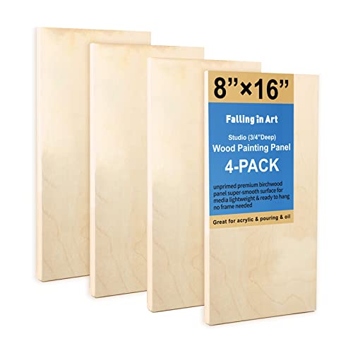 Falling in Art Unfinished Birch Wood Panels Kit for Painting, Wooden Canvas 4 Pack of 8x16’’ Studio 3/4’’ Deep, Cradle Boards for Pouring, Art, Crafts, Burning and More - size: 8'' x 16''