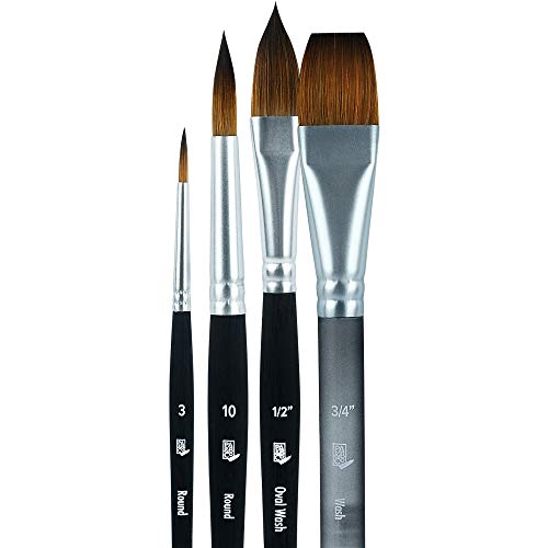 Princeton Artist Brush Co Aqua Elite 4850 Series - 4pc Watercolor Brush Set - Synthetic Watercolor Brushes Professional Kolinsky Sable Brushes - 1/2” Oval Wash, 3/4" Wash, Round 3 & Round 10