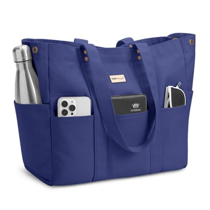 TOPDesign Large Canvas Tote Bag for Women, Shoulder Bag with Laptop Sleeve & Pockets, Everything Tote for Travel, Work (Navy Blue) - color: Navy Blue