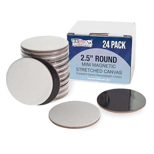 U.S. Art Supply Mini Magnetic Canvas Panels, 24 Pack, 2.5 Inch Round, Primed 8 Ounce Heavyweight Cotton, Small Canvases for Painting Acrylic and Watercolor, White Square Flat Canvas Boards - size: 2.5"