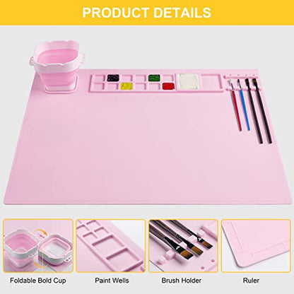 Silicone Painting Mat, Art Mat with Cup, Craft Paint Brush Cleaner Tool, Artist for Kids Gift Clay DIY Creations, Christmas Gift for Kids (Pink) - color: Pink