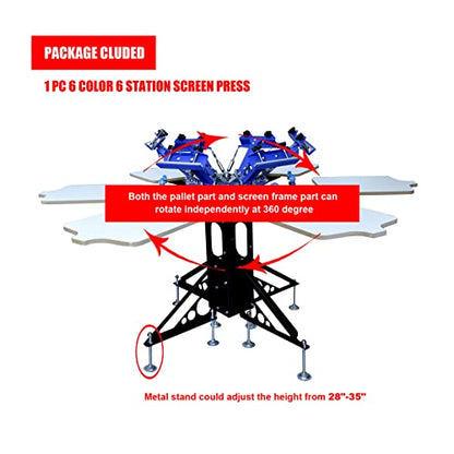Tianiuseen 6 Color 6 Station Screen Printing Kit Screen Printer Silk Printing Press Equipment Material Screen Printing Flash Dryer for T-Shirt DIY