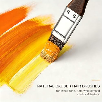 15Pcs Professional Oil Paint Brush Set with Palette Knives, Natural Badger Hair Blending Brushes, Ergonomic Birch Wood Handle for Acrylic, Oil and Gouache Painting, Artists and Beginners