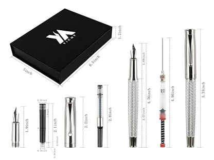 Fancy Fountain Pen Set – Fine & Medium Nibs, Includes 18 Ink Cartridges, Ink Converter, Syringe Filler, Luxury Gift for Writing, Journaling & Calligraphy，Silvery - color: silvery