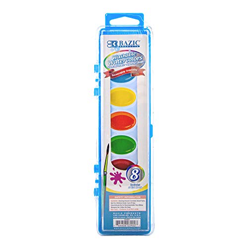 BAZIC PRODUCTS 8-Color Semi-Moist Watercolor Set with Brush | brush in a storage case for kids and school art