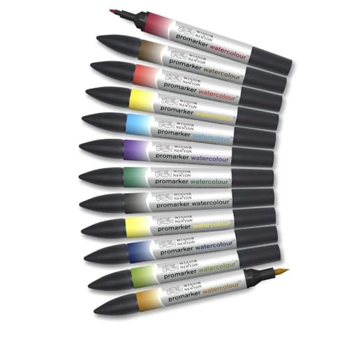 Winsor & Newton ProMarker Watercolor Marker Set, 12 Count, Basic Tones - color: Basic Tones, style: Set of 12