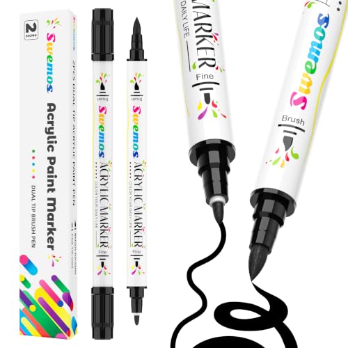 Swemos 2 Black Acrylic Paint Markers Acrylic Pens with Brush & Fine Tip | Acrylic Markers Set Suitable for Fabric Rocks Canvas Ceramic Wood Glass Coloring Book Almost All Surface - color: Black, size: 2