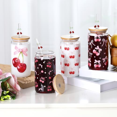 4 Set 16 oz Coquette Bows Glass Cups with Lids and Bows Straws Cleaning Brushes Aesthetic Iced Coffee Cup Reusable Mug for Women Sister Birthday Gift Not Dishwasher Safe(Pink,Cherry) - color: Pink, size: Cherry