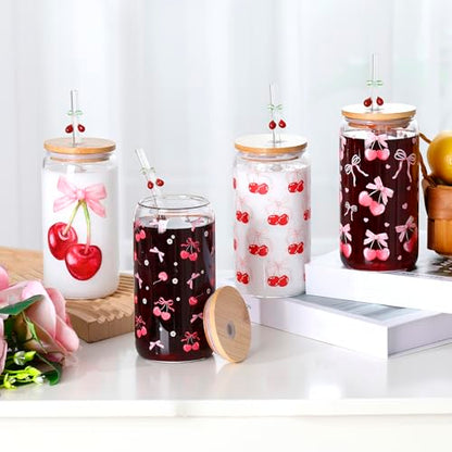 4 Set 16 oz Coquette Bows Glass Cups with Lids and Bows Straws Cleaning Brushes Aesthetic Iced Coffee Cup Reusable Mug for Women Sister Birthday Gift Not Dishwasher Safe(Pink,Cherry) - color: Pink, size: Cherry