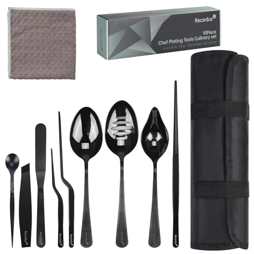 9-Piece Professional Culinary Plating Set, Black Stainless Steel Chef Plating Tools with Storage Roll & Cleaning Cloth for Food Presentation