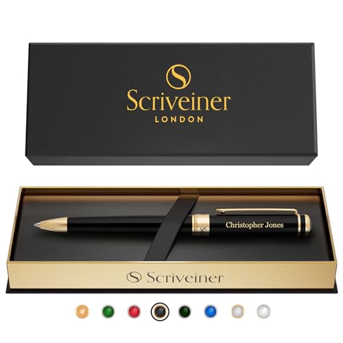 Scriveiner Personalized Black Ballpoint Pen - Stunning Luxury Pen, Jet Black Lacquer, Real Gold Plating, Schmidt Ink Refill, Best Engraved Ball Point Gift Set for Men & Women, Custom Name Engraving - color: 9. Black with Gold (Personalized)