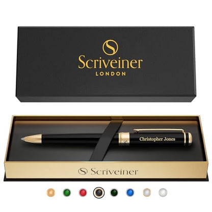 Scriveiner Personalized Black Ballpoint Pen - Stunning Luxury Pen, Jet Black Lacquer, Real Gold Plating, Schmidt Ink Refill, Best Engraved Ball Point Gift Set for Men & Women, Custom Name Engraving - color: 9. Black with Gold (Personalized)