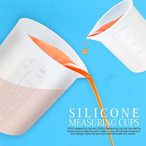 LEOBRO Silicone Measuring Cups for Epoxy Resin, 250 & 100ml Reusable Epoxy Resin Mixing Cups, Silicone Pouring Cup, with Stir Sticks, Finger Cots, Tweezers