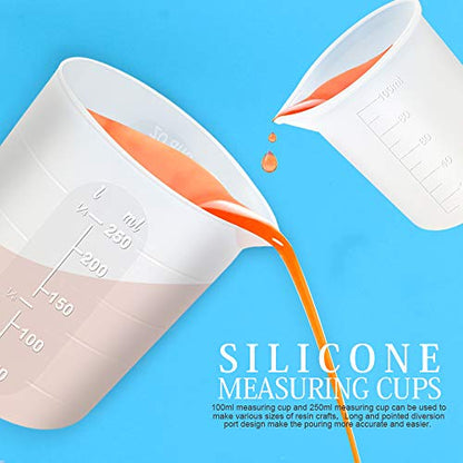 LEOBRO Silicone Measuring Cups for Epoxy Resin, 250 & 100ml Reusable Epoxy Resin Mixing Cups, Silicone Pouring Cup, with Stir Sticks, Finger Cots, Tweezers