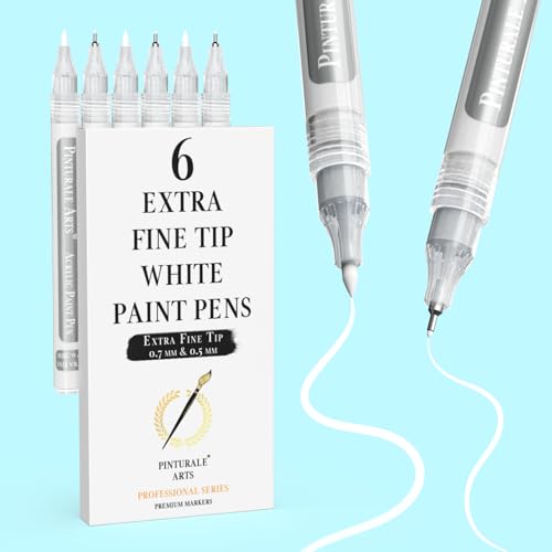 Pinturale Arts® White Paint Pens Extra Fine Point | Set 6 Ultra Fine Tip Acrylic Paint Pens (0.7mm & 0.5mm) | For Black Paper, Ceramics, Rock Painting, Glass, Wood, Canvas, Metal - color: White