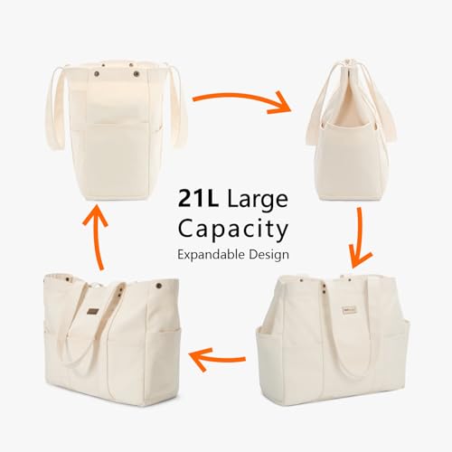 TOPDesign Large Canvas Tote Bag for Women, Shoulder Bag with Laptop Sleeve & Pockets, Everything Tote for Travel, Work (Beige) - color: Beige