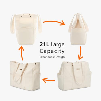 TOPDesign Large Canvas Tote Bag for Women, Shoulder Bag with Laptop Sleeve & Pockets, Everything Tote for Travel, Work (Beige) - color: Beige