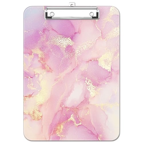 Plastic Cute Clipboard Low-Profile Metal Clip, A4 Letter Size 9 x 12.5 in, 8.5 x 11 Paper Clip Board for Teachers, Nurses, Classroom,Pink Gold Marble - color: Pink Gold Marble